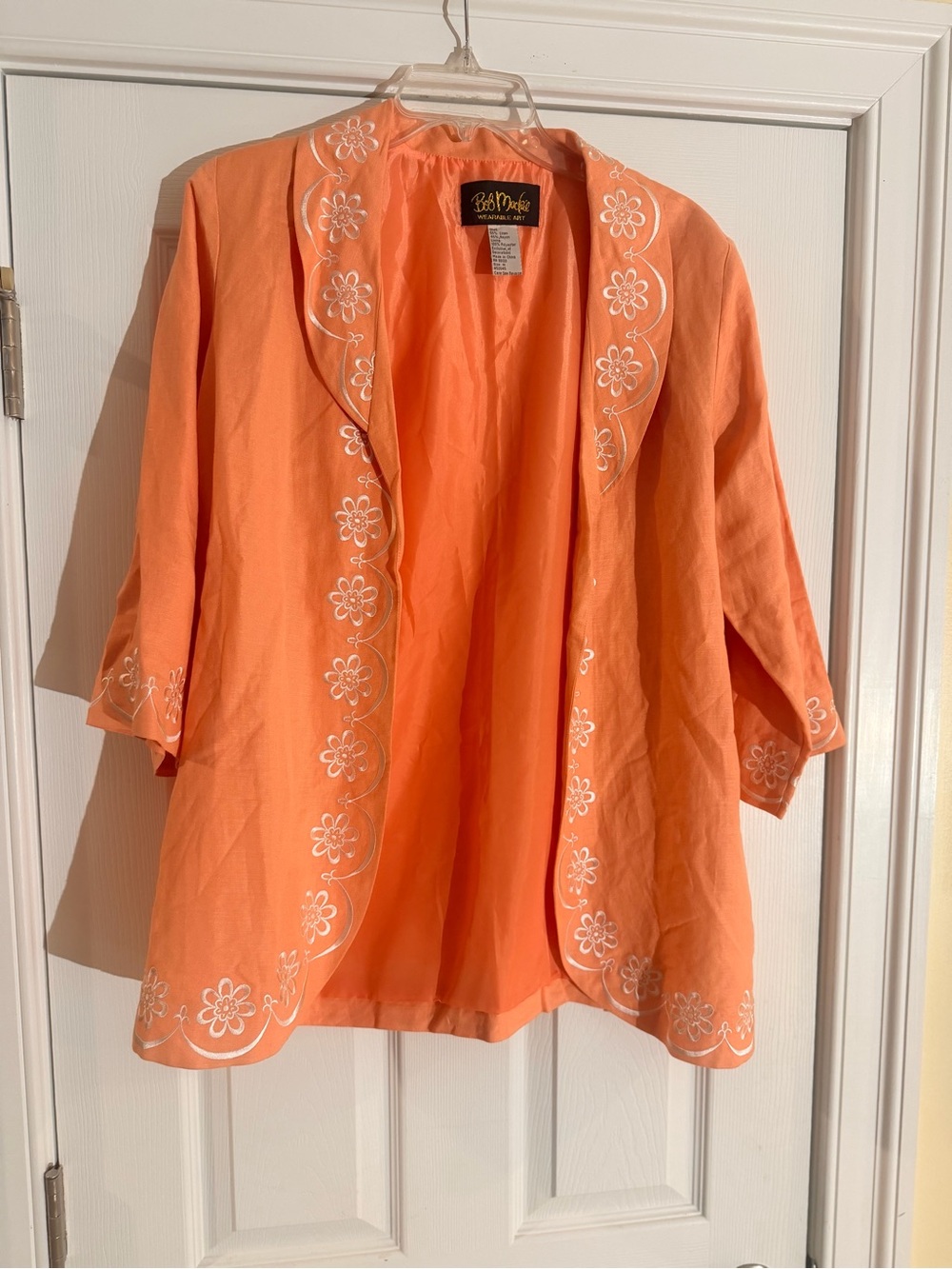 Ladies Size Medium "Bob Macki Orange Embroidered Open Front Jacket Shirt GUC